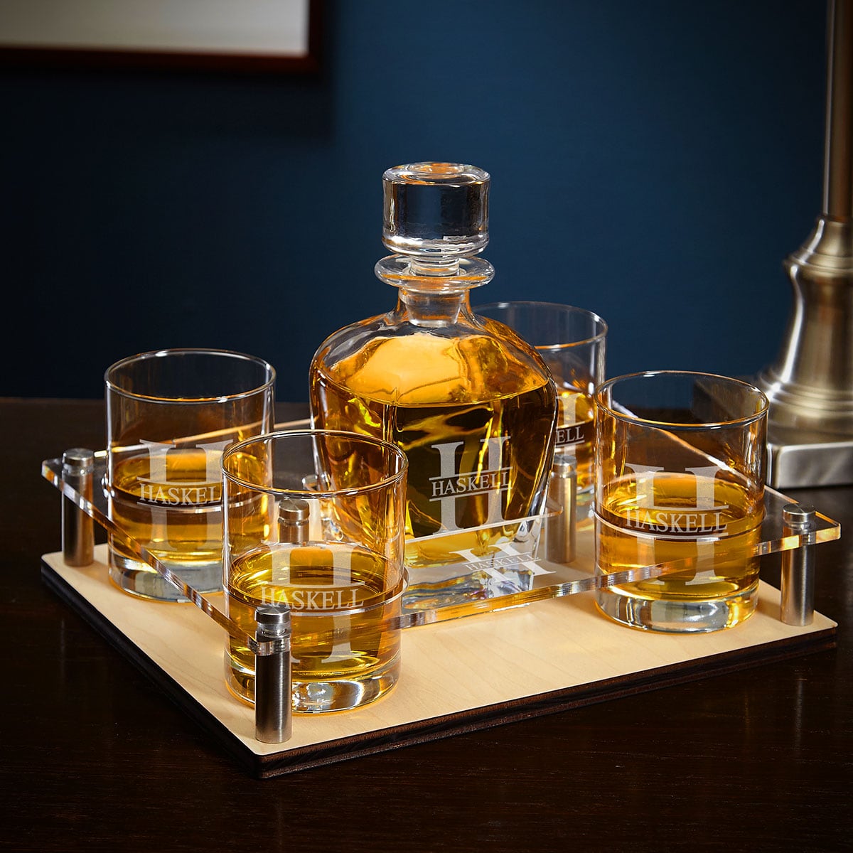 Engraved Presentation Set with Whiskey Decanter & Glasses - 6pc Bar Serving Tray & Display Set
