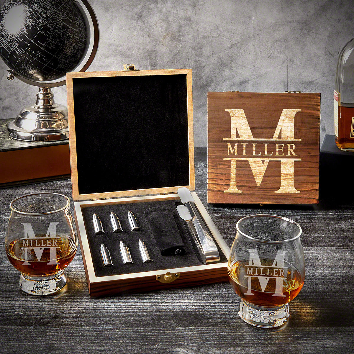Engraved Kentucky Bourbon Glasses with Bullet Stones Set 