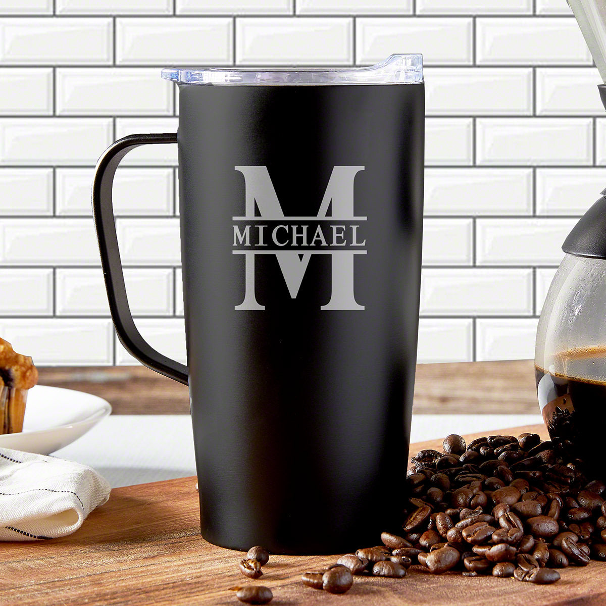 Insulated Stainless Steel Custom Travel Coffee Mug - Black w Handle