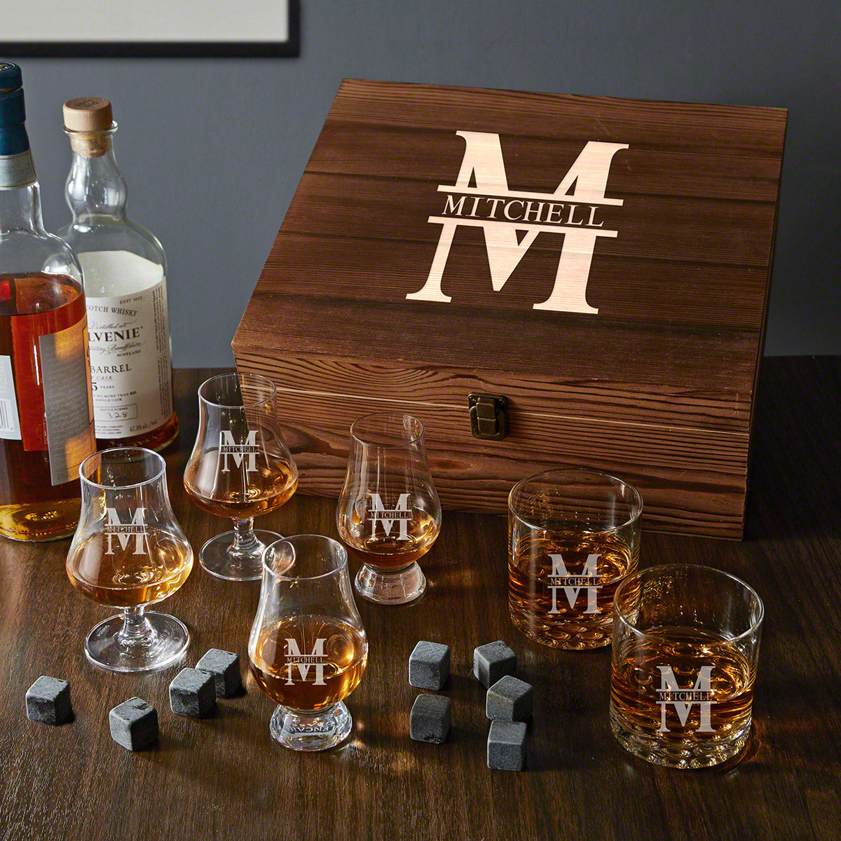 Ultimate Personalized Whiskey Tasting Set - 8pc Gift Boxed Set with Glencairn, Rocks & Nosing Glasses