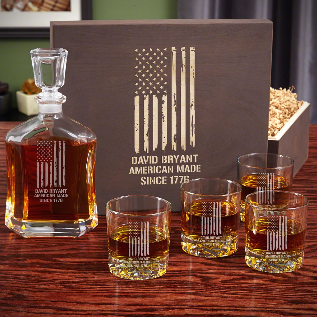 Custom Whiskey Decanter Box Set with Rocks Glasses US Flag Design