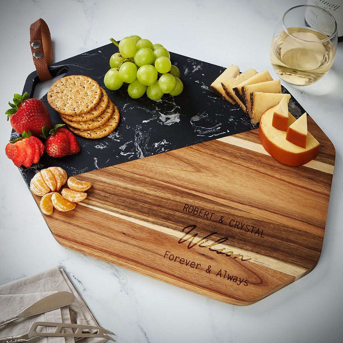 Opulent Custom Large Charcuterie Board - Acacia Wood and Black Marble Cheese Board