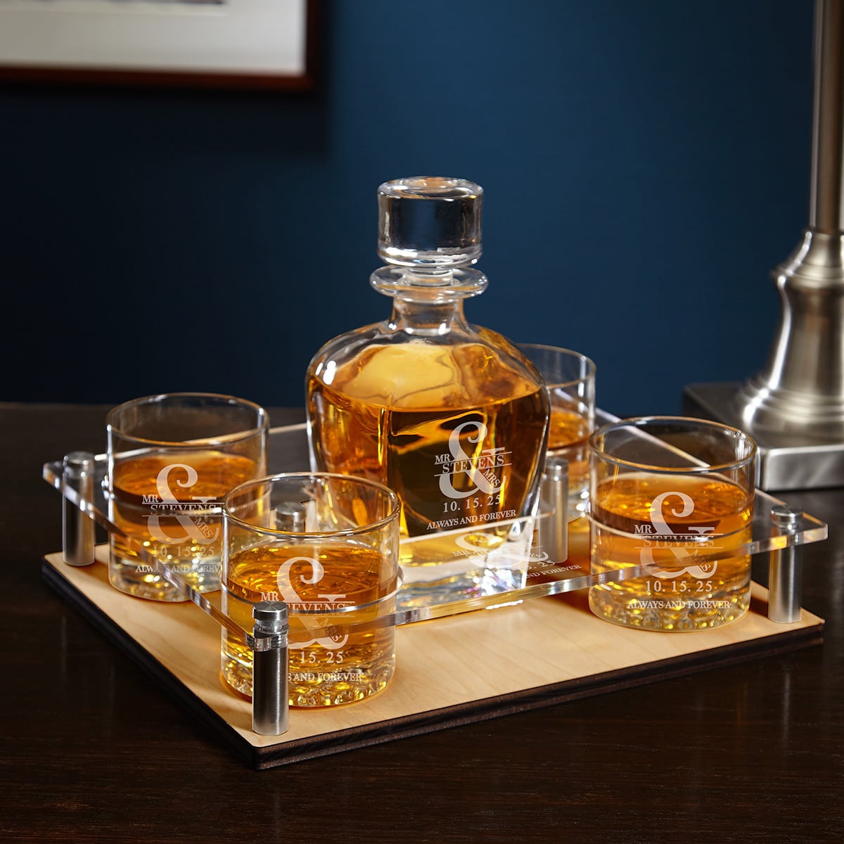 Wedding Gift Presentation Set with Whiskey Decanter & Glasses - 6pc Serving Tray & Display Set