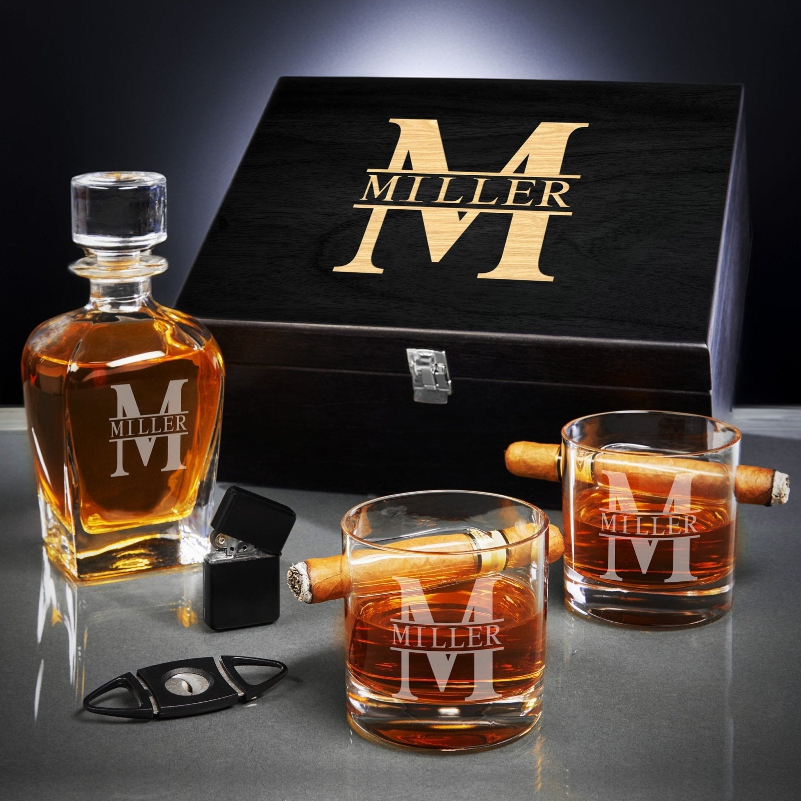 Oxley Custom Cigar Lover Gift Set with Whiskey Decanter and Glasses - 6pc Ebony Black Box