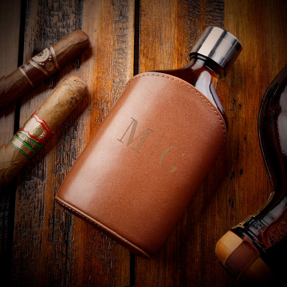 Parker Custom Glass Flask with Brown Leather Wrap