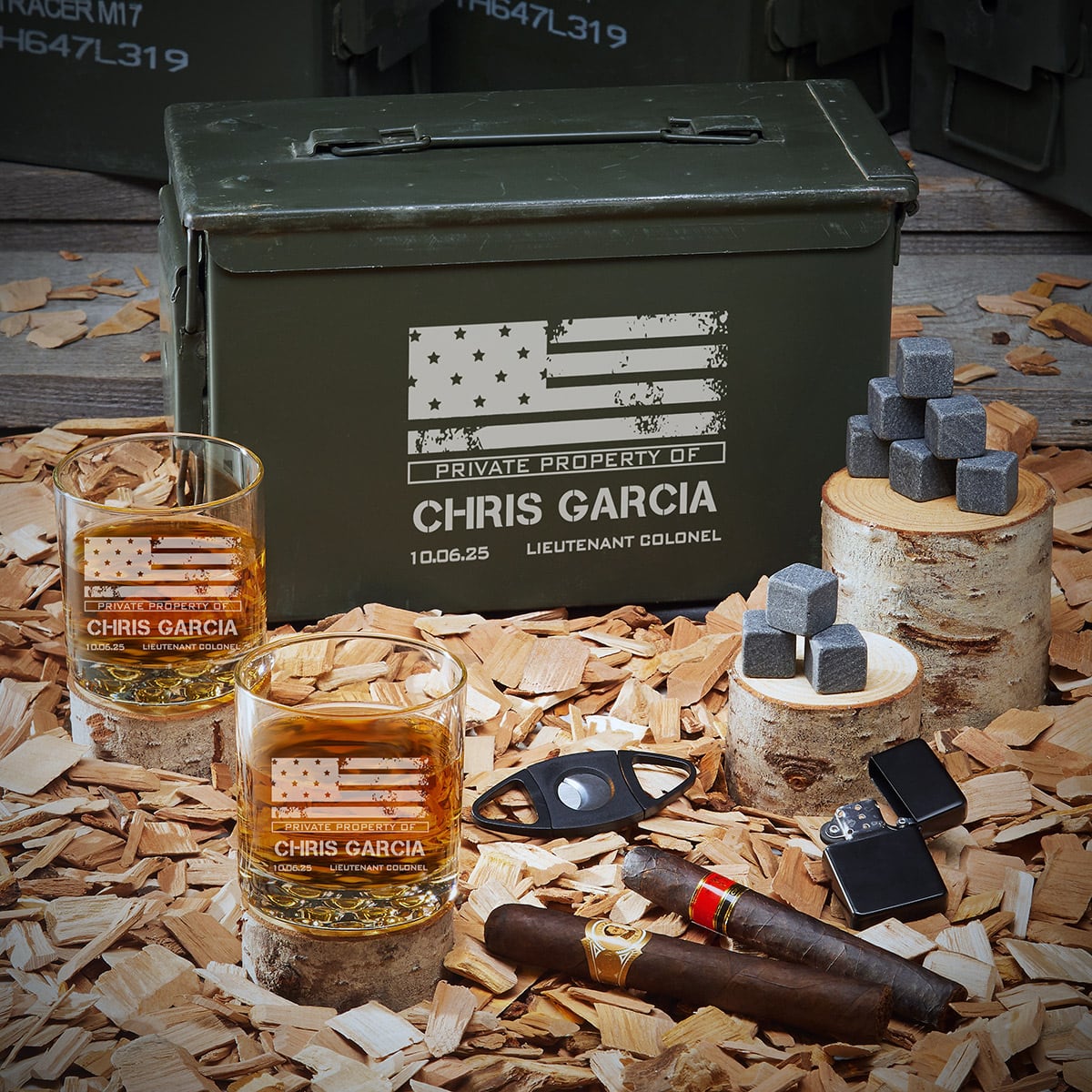 Personalized 50 Cal Ammo Can Whiskey Set - Gift for Military