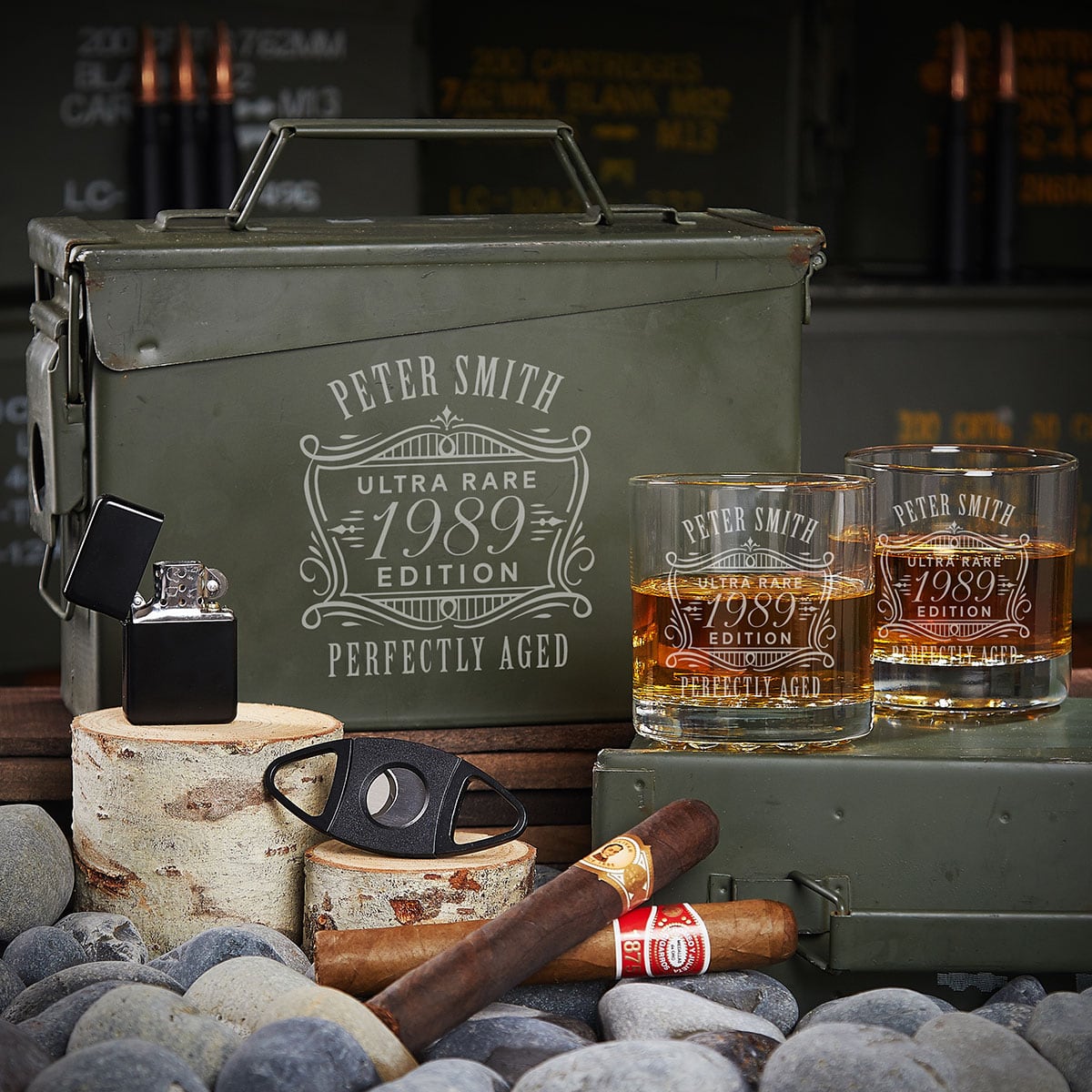 Personalized All the Vices 30 Cal Ammo Can Whiskey Gift Set