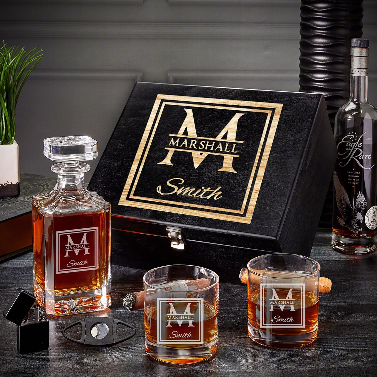 Oxley Personalized Cigar Glasses with Whiskey Decanter Set - Ebony Black Box