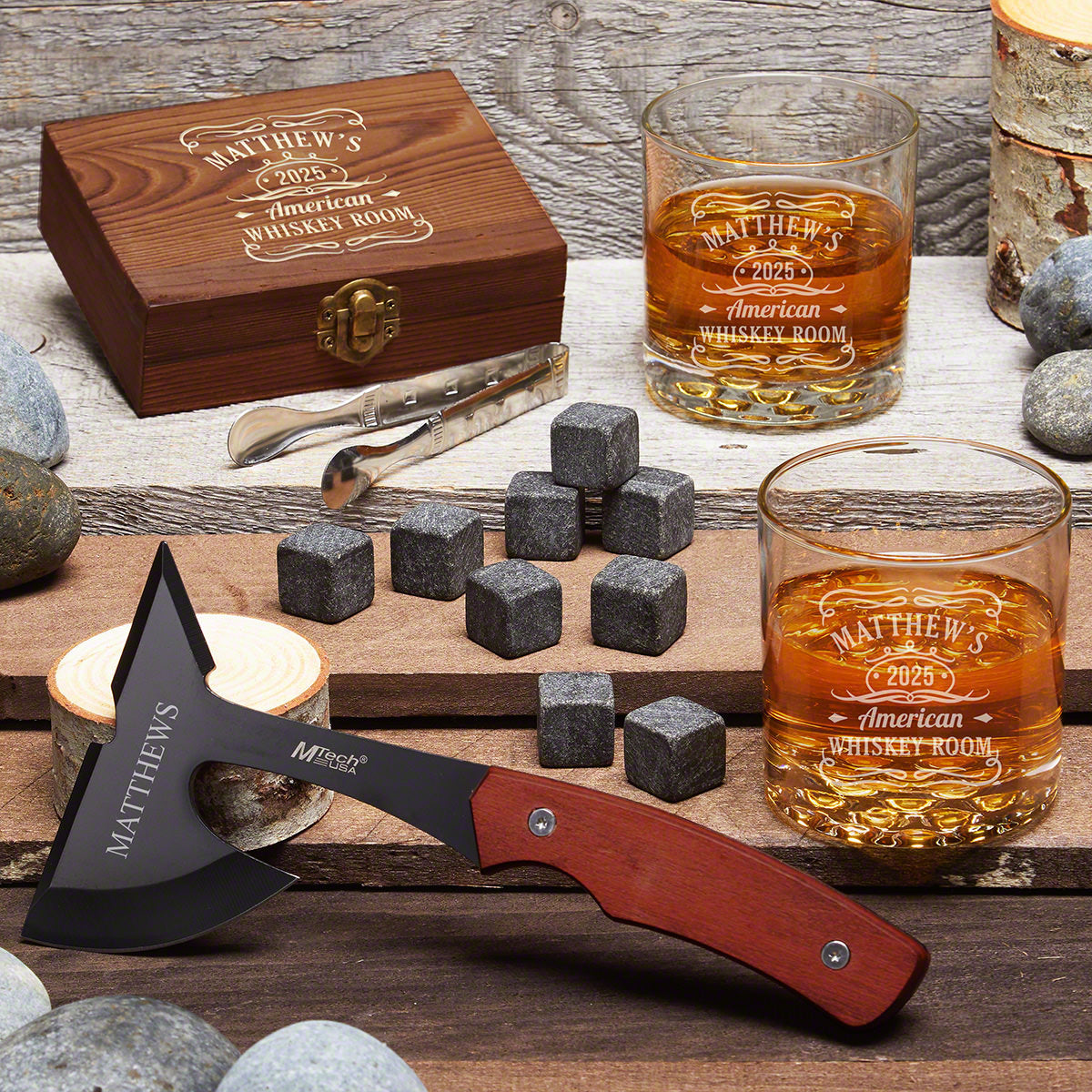 Personalized Whiskey Glass Box Set with Axe - Tennessee Whiskey Design