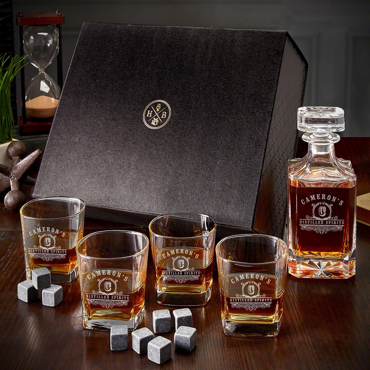 Personalized Bourbon Decanter Luxury Box Set with Rocks Glasses - 7pc