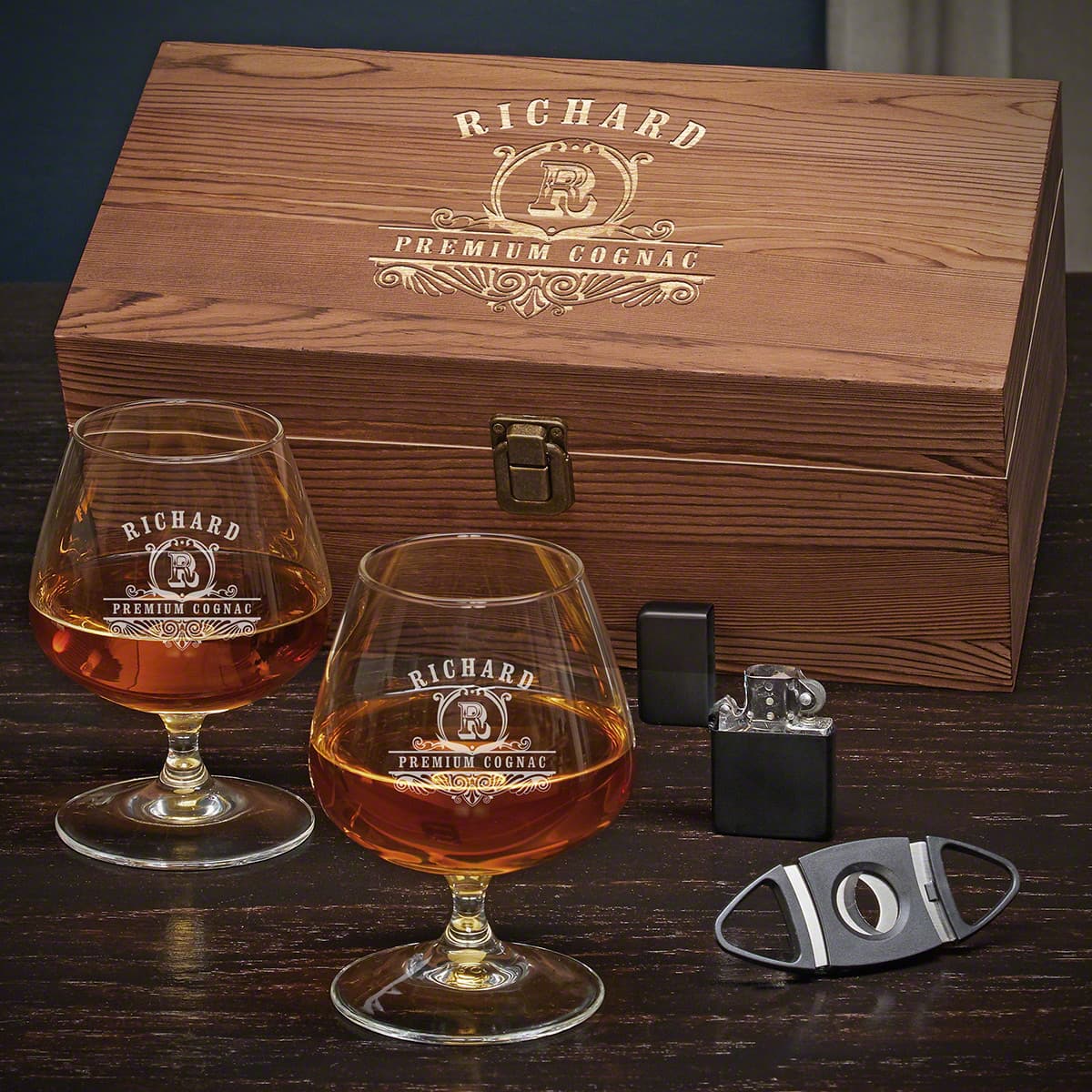 Oakmont Custom Cognac Glasses Gift Box on sale Set - Personalized Brandy Snifters, Birthday Gift for Men, Retirement Gift, Cigar Cutter and Lighter