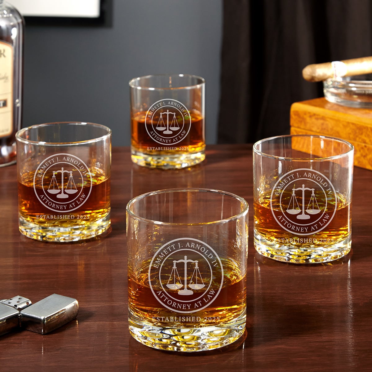 Personalized Buckman Whiskey Glasses for Lawyers, Set of 4