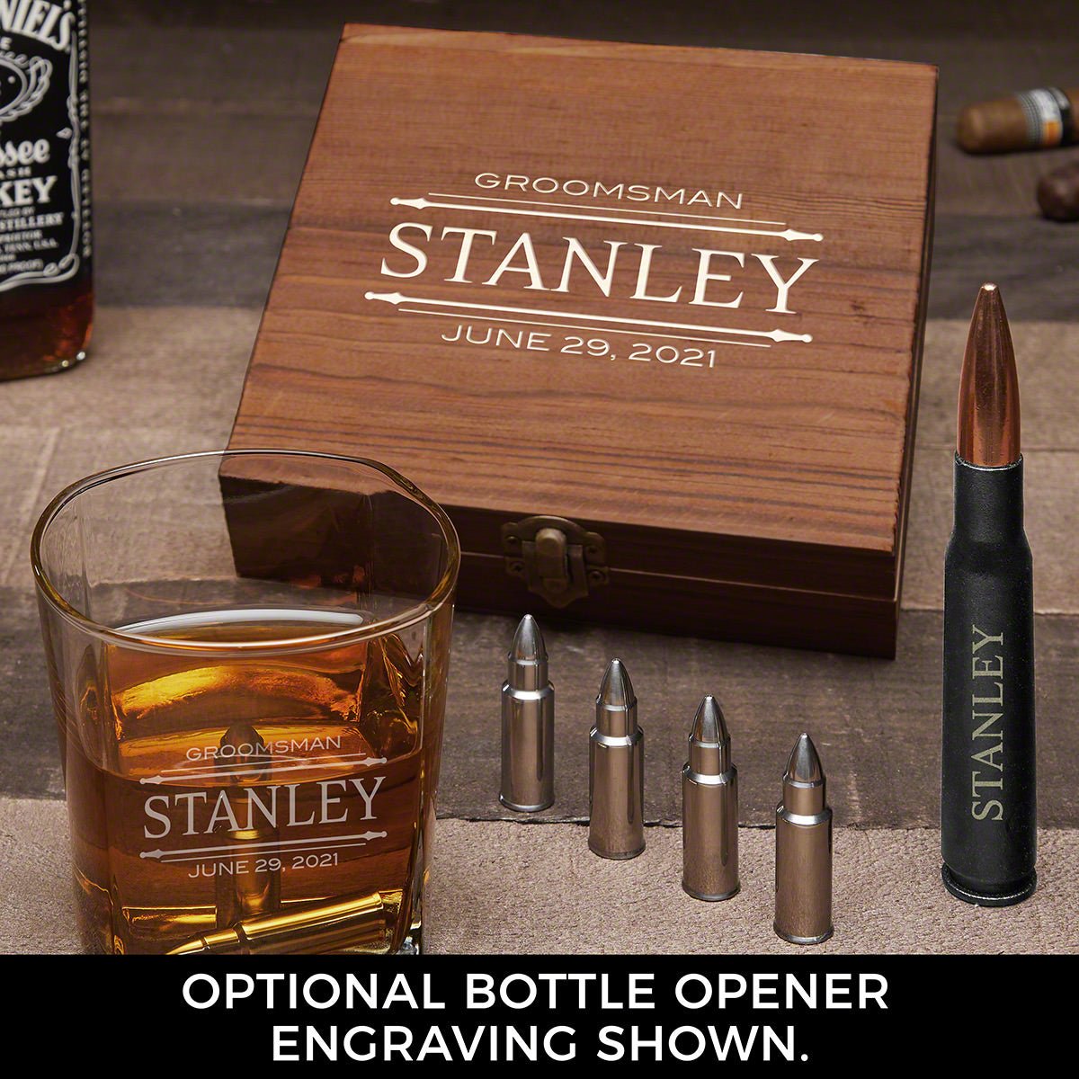 Personalized Bullet Whiskey Stone Set with Bullet Opener