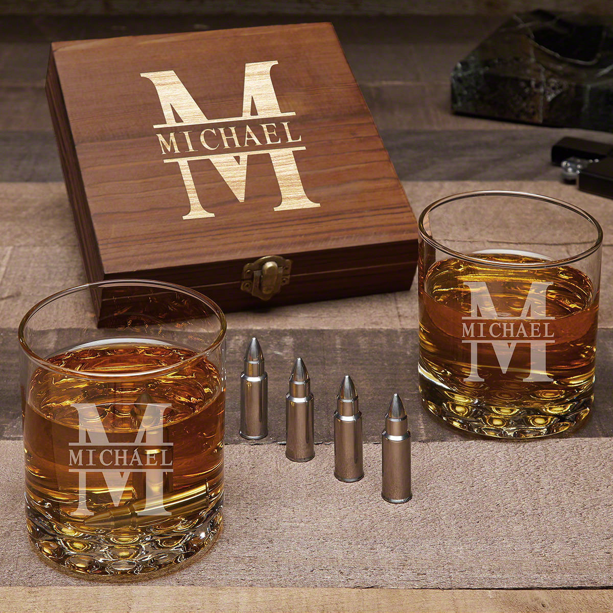 Personalized Bullet Whiskey Stones with Buckman Glasses
