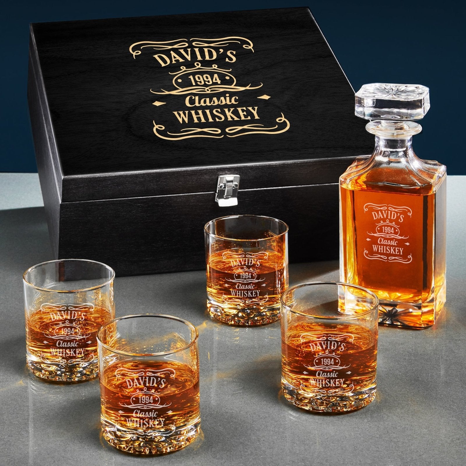 Personalized Carson Crystal Decanter Set with Whiskey Glasses - Ebony Black Box