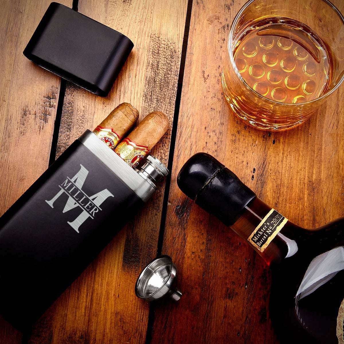 Personalized Cigar Gift Set with Sheffield Cigar Flask and Whiskey Glass with Cigar Holder