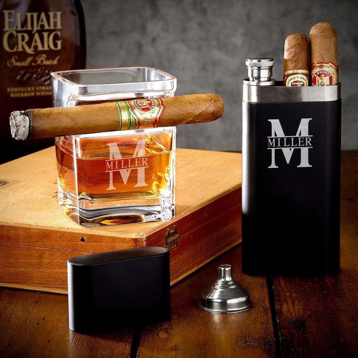 Personalized Cigar Gift Set with Sheffield Cigar Flask and Whiskey Glass with Cigar Holder