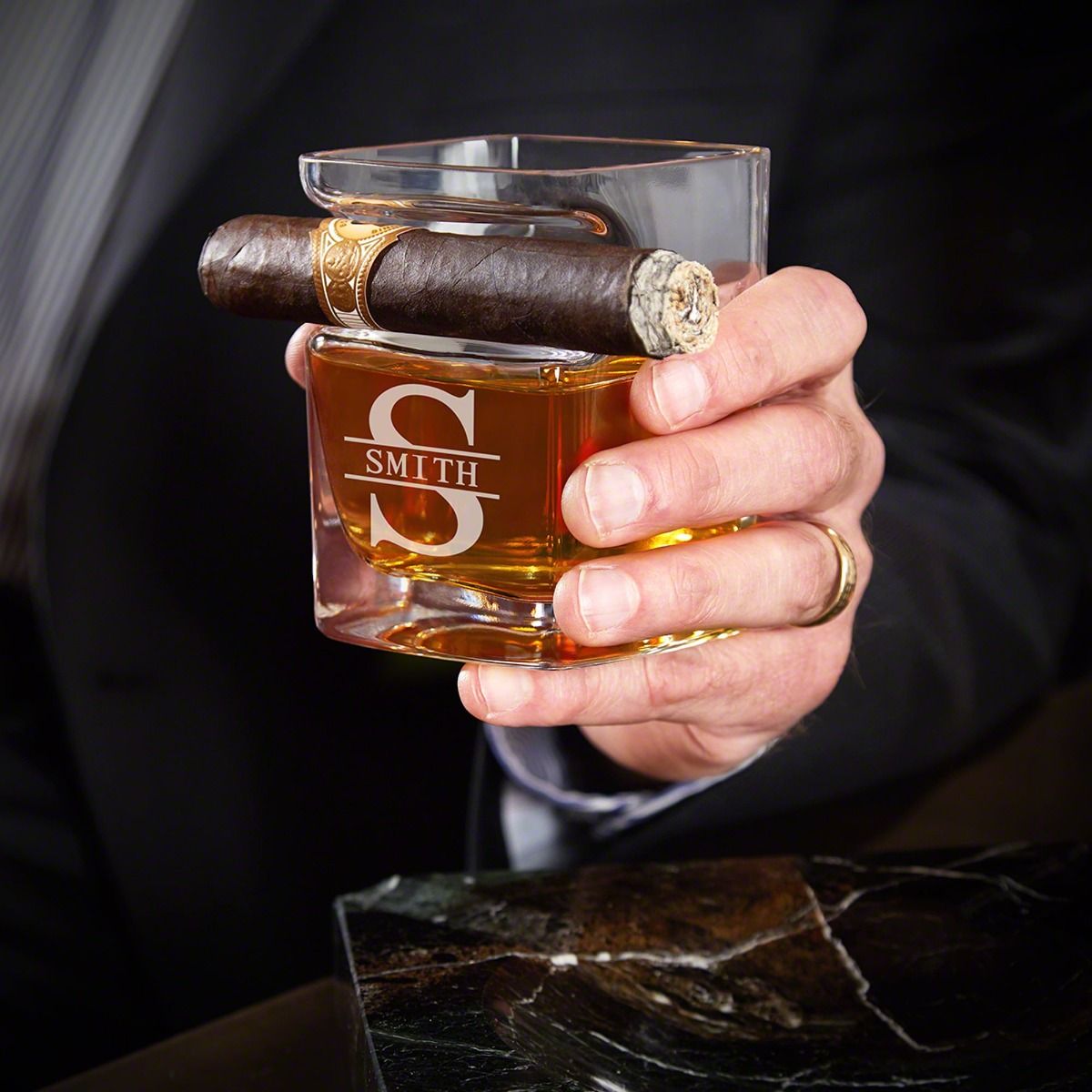 Personalized Cigar Gift Set with Sheffield Cigar Flask and Whiskey Glass with Cigar Holder