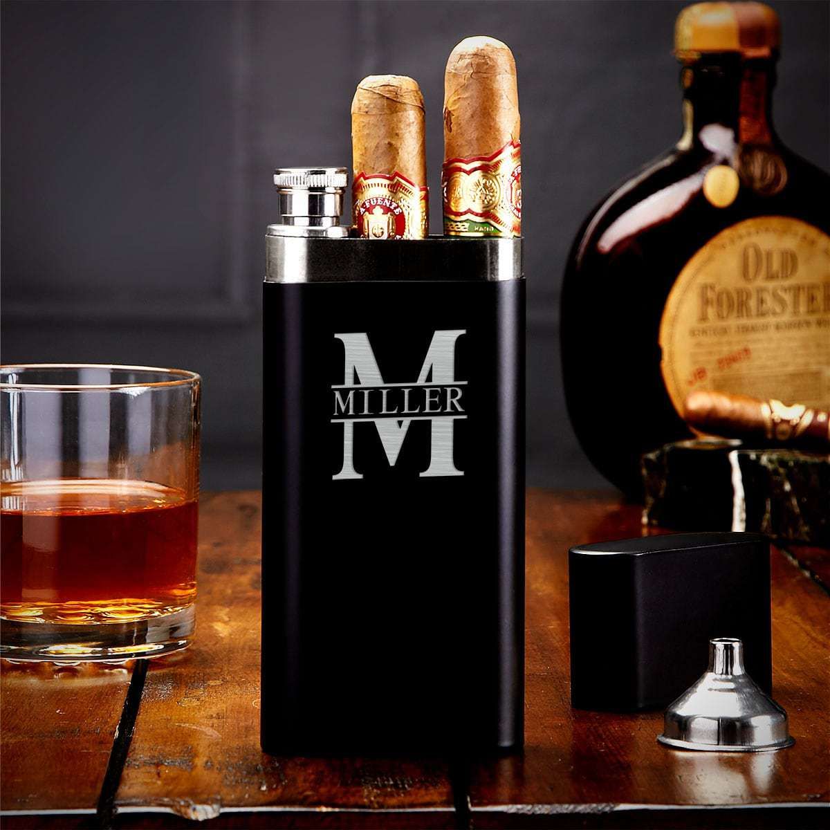 Personalized Cigar Gift Set with Sheffield Cigar Flask and Whiskey Glass with Cigar Holder