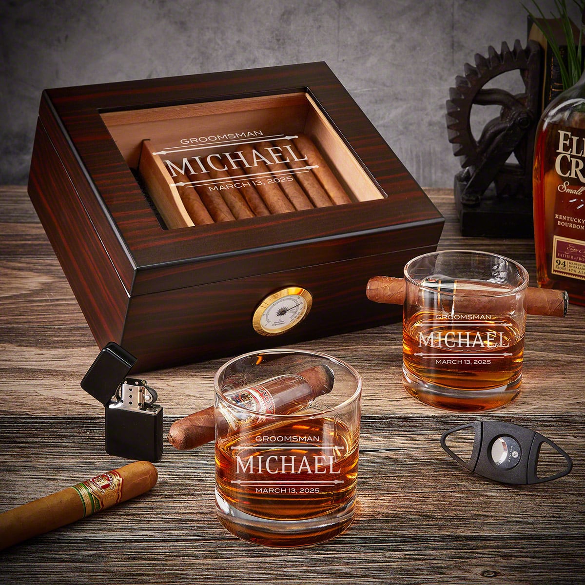 Oxley Personalized Cigar Glasses with Dante Cedar Cigar Humidor & Hygrometer 6pc