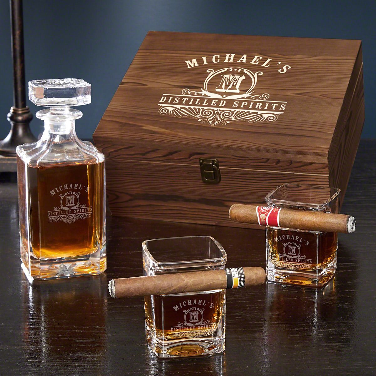 Personalized Decanter Set with Box and Cigar Glasses