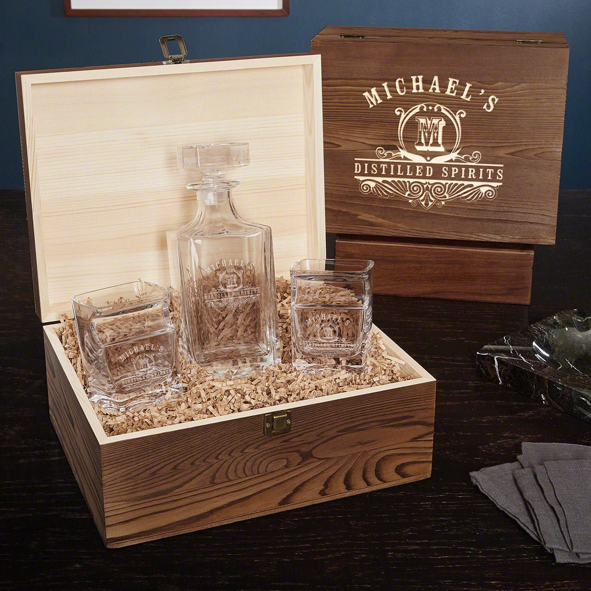 Personalized Decanter Set with Box and Cigar Glasses