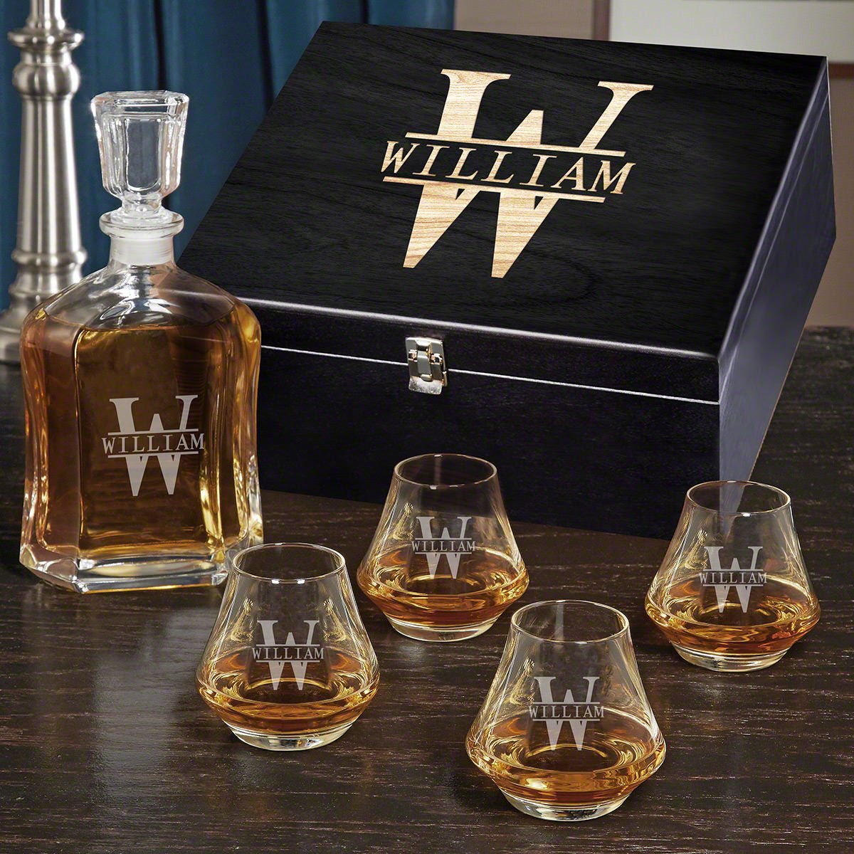 Personalized Dimera Bourbon Glasses and Decanter Set - Ebony Black Box