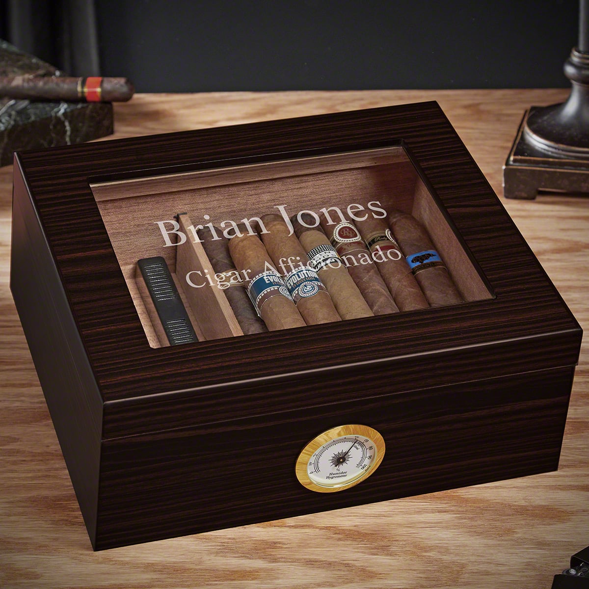 Dante Personalized Humidor Cigar Box with Hygrometer - Espresso Brown Cedar Lined