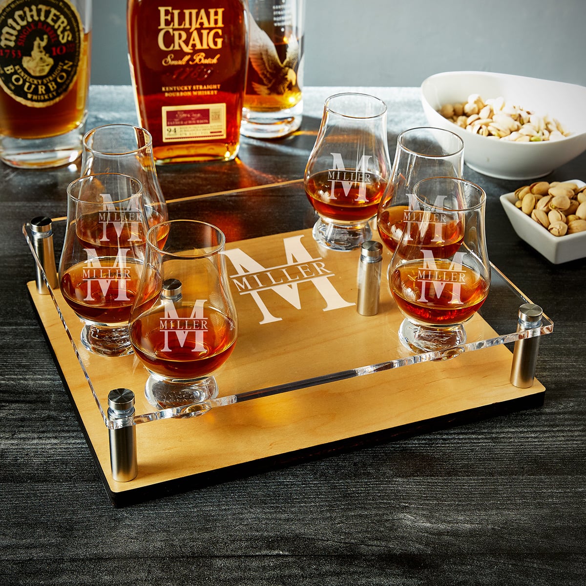Personalized Glencairn Whiskey Glasses Presentation Set - 7pc Serving Tray Set