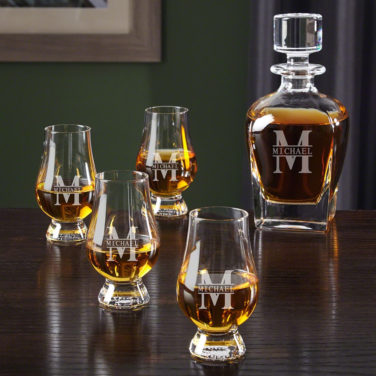 Personalized Glencairn Glasses and Whiskey Decanter Set