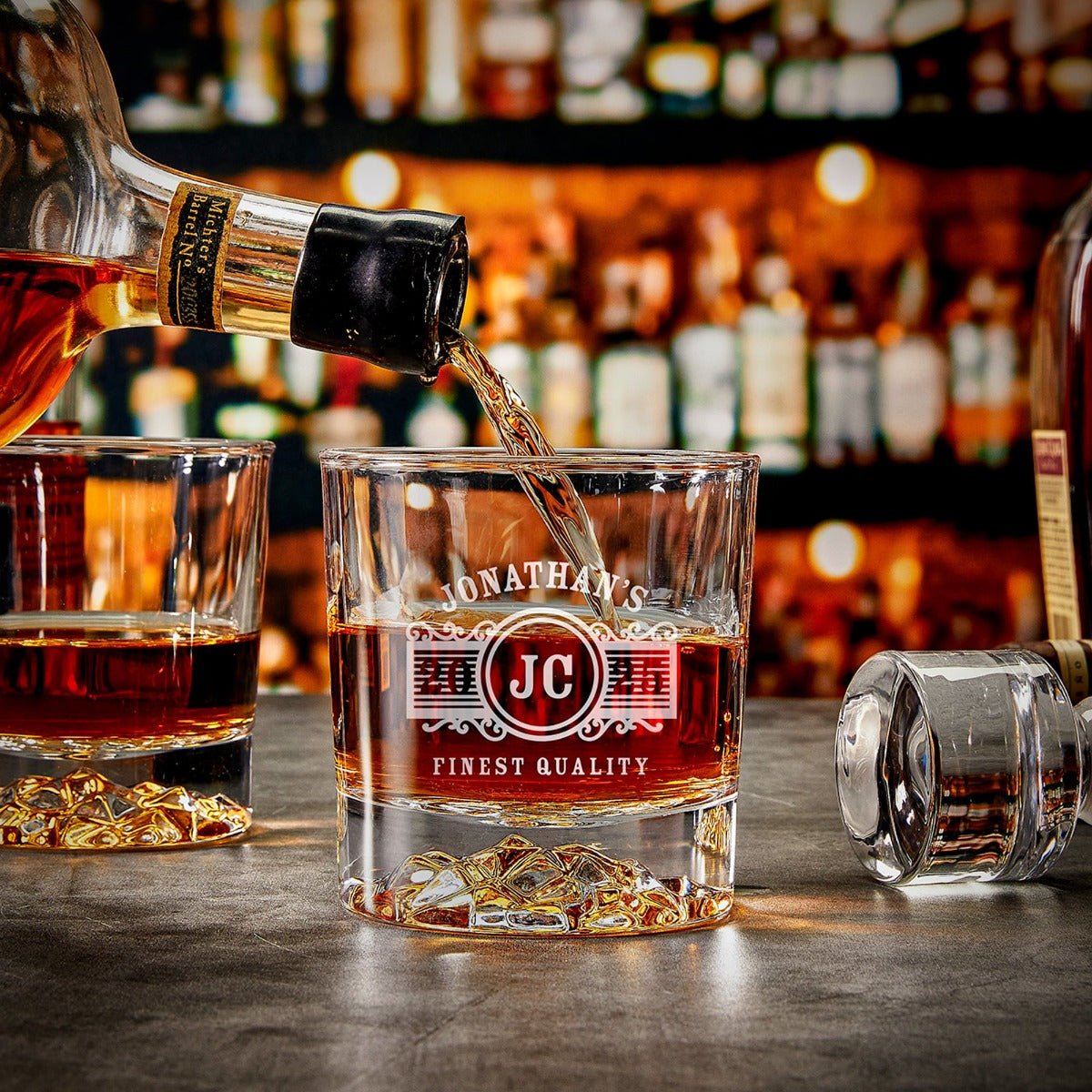 Personalized Globe Decanter and Glacier Bottom Whiskey Glasses