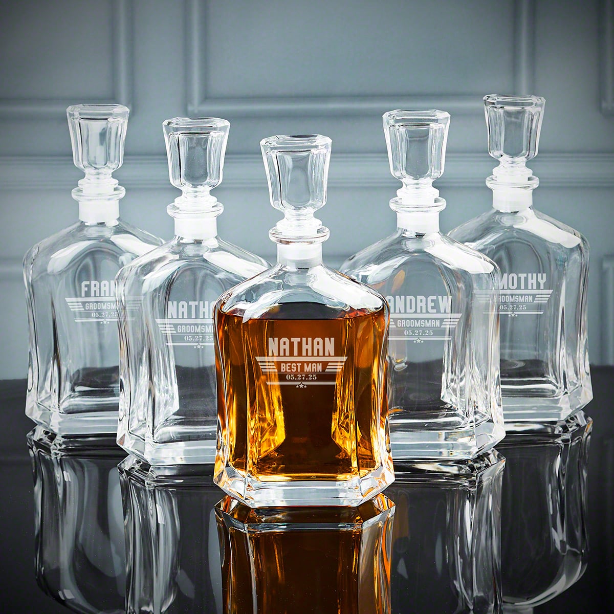 Personalized Groomsmen Gift Set of 5 Whiskey Decanters - Maverick Design