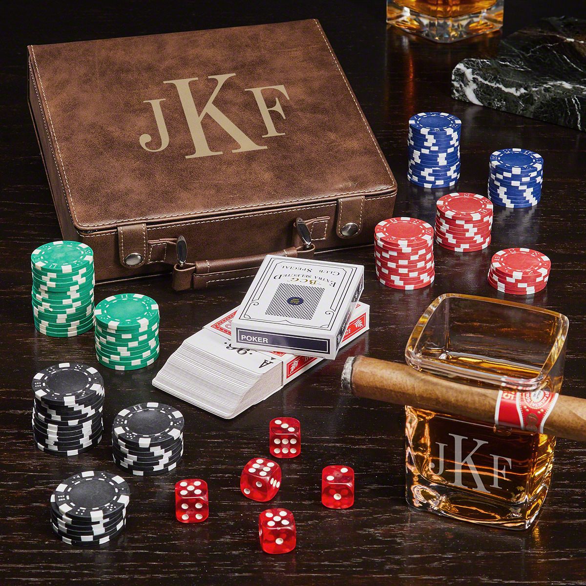 Personalized Poker Chip Case Gift Set with Cigar Glass