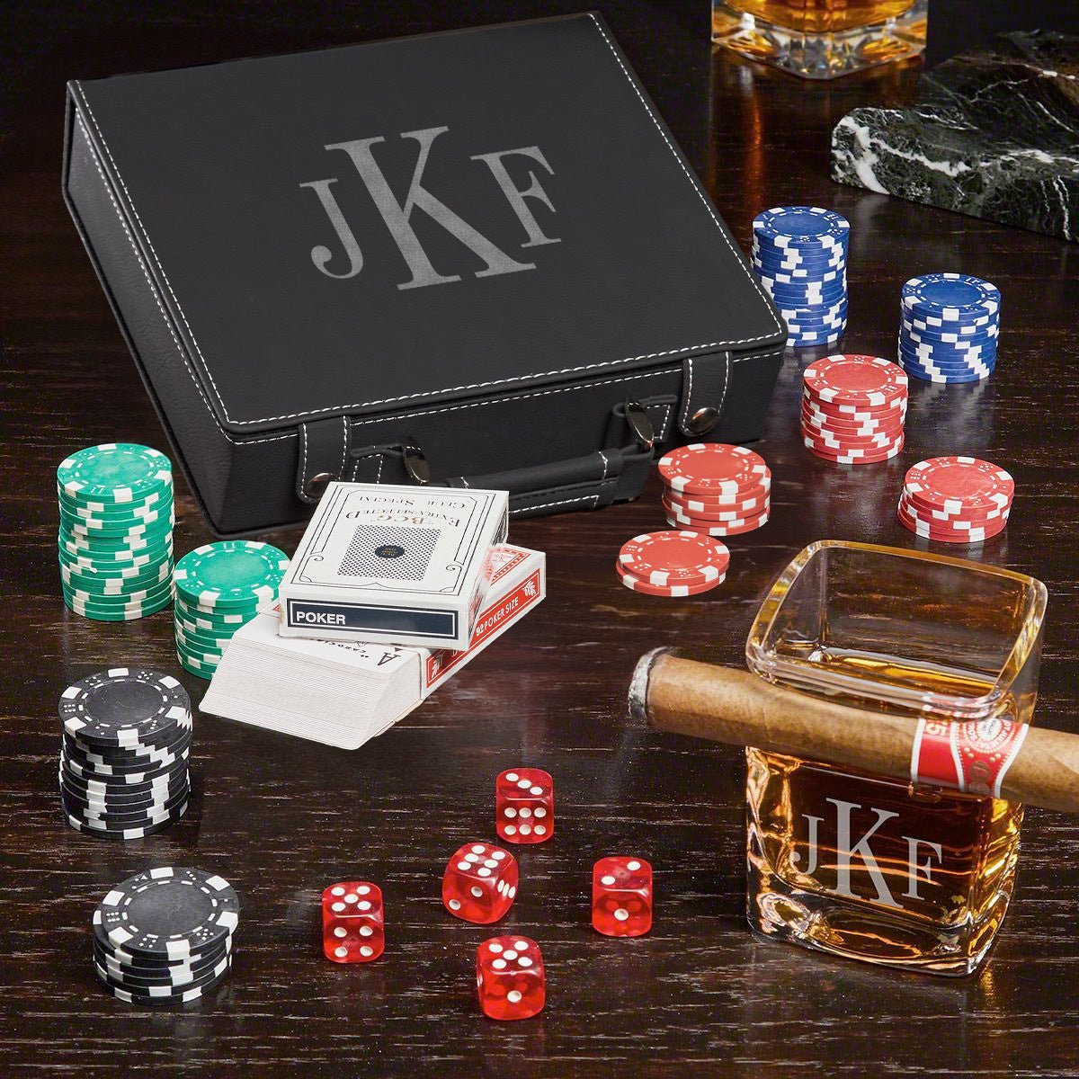 Personalized Poker Chip Case Gift Set with Cigar Glass