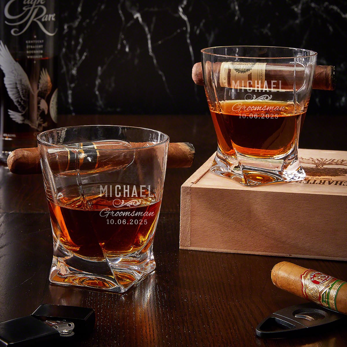 Personalized Twist Cigar Glasses for Whiskey - Set of 2 Gifts for Groomsmen