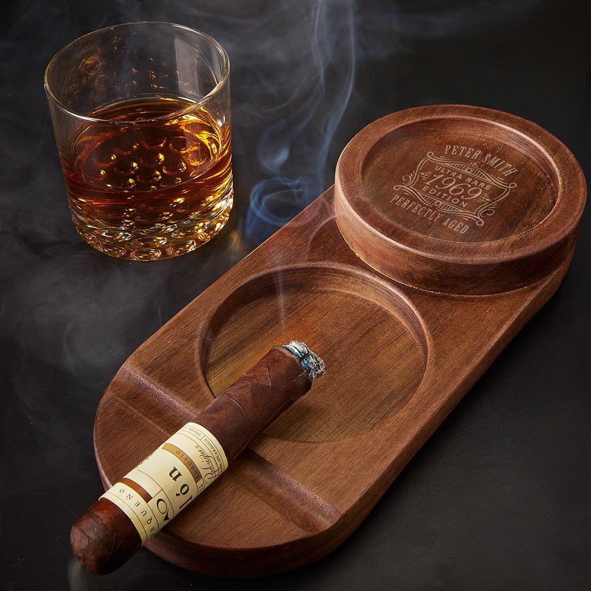 Engraved Cigar Ashtray and Whiskey Glass Holder