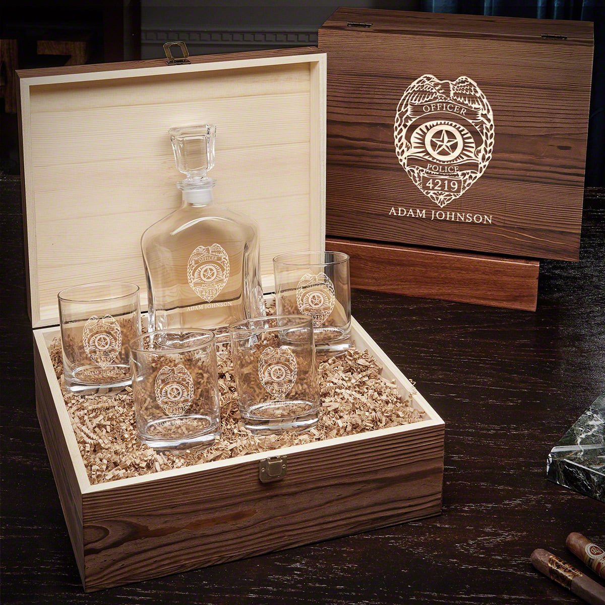 Personalized Whiskey Argos Decanter with Eastham Glasses - Gift Set for Police