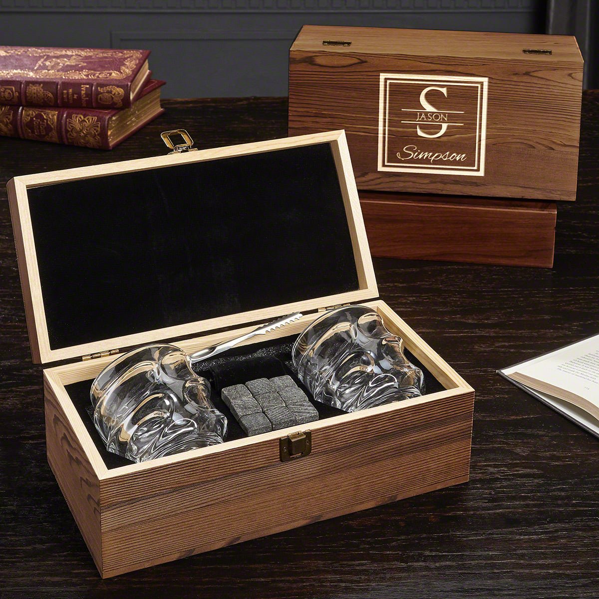 Personalized Whiskey Box Set with Sculpted Glasses