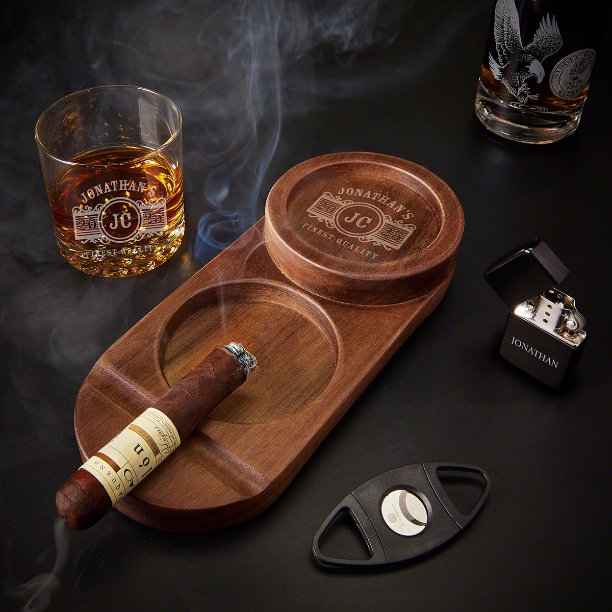 Custom engraved Cigar ashtray shops whiskey pairing tray, whiskey wood ashtray, custom name whiskey glass ashtray combo birthday gift for husband