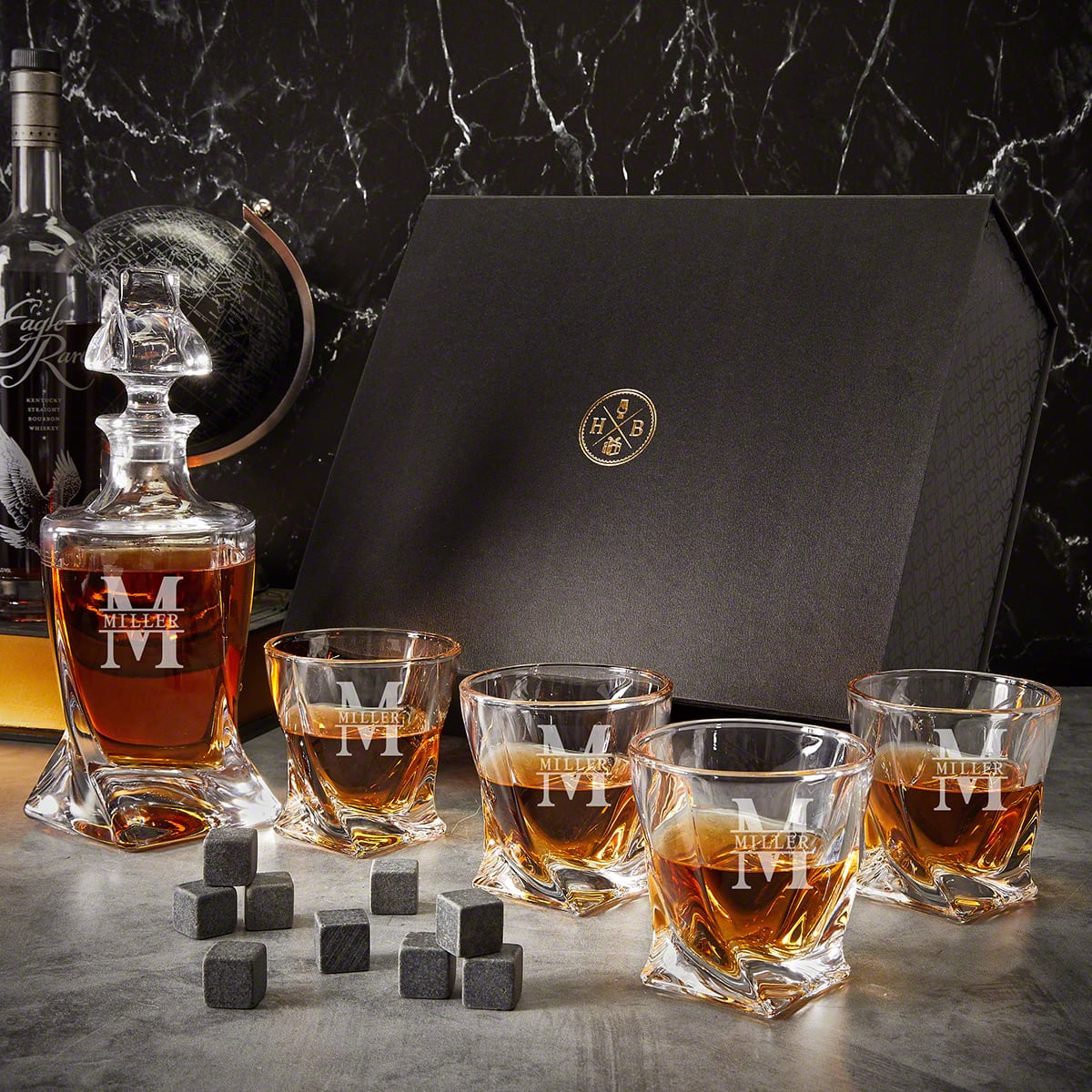 Personalized Whiskey Decanter with Rocks Glasses & Luxury Box Set - 7pc