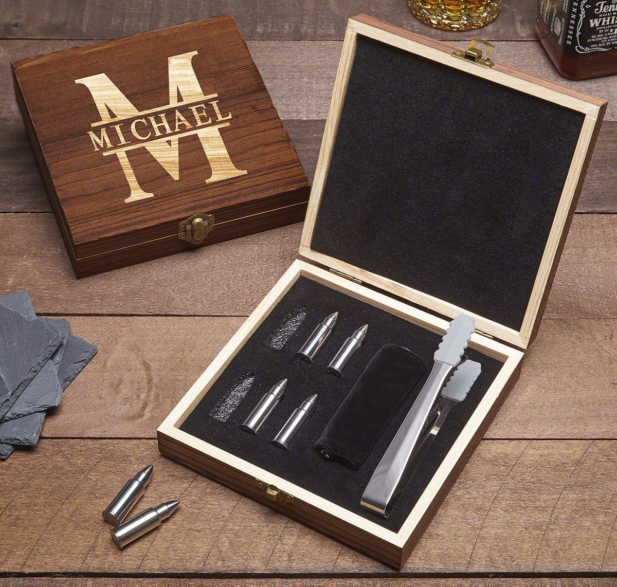 Personalized Whiskey Gift Set with Bullet Whiskey Stones and Buckman Glasses