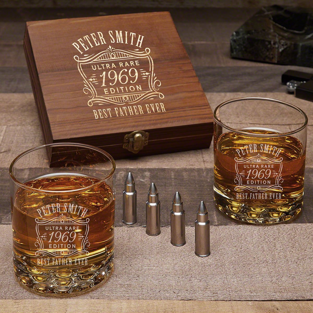 Personalized Whiskey Gift Set with Bullet Whiskey Stones and Buckman Glasses