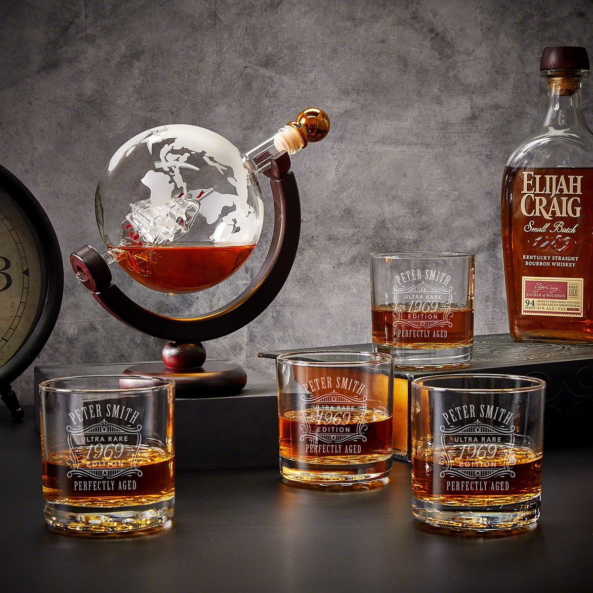 Personalized Globe Whiskey Decanter with Rocks Glasses - 5pc