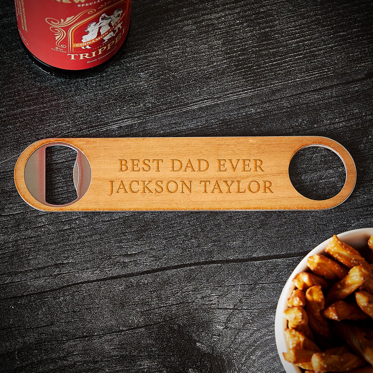 Personalized Wood Church Key Bottle Opener - Two Lines Design