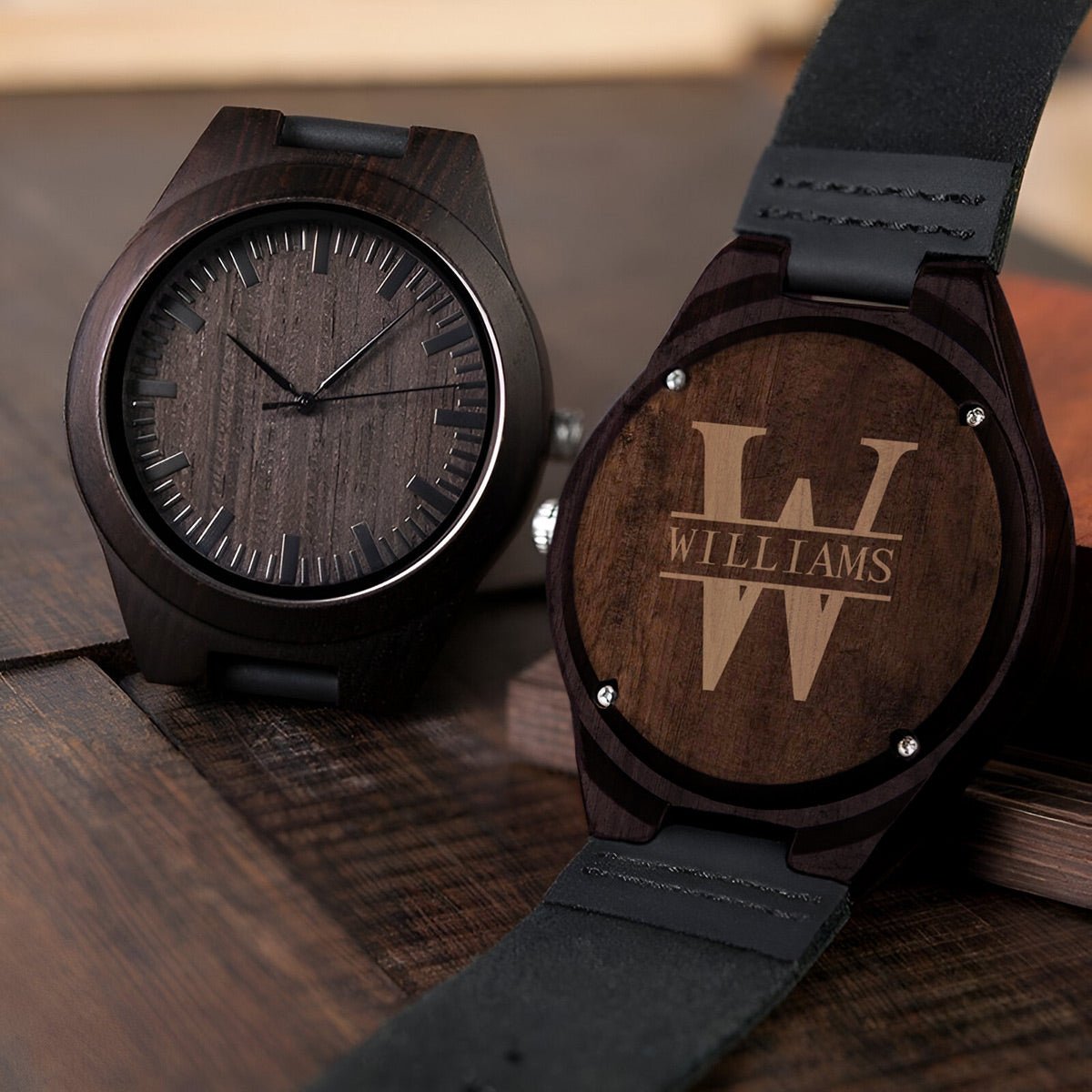 Personalized Wooden Watch with Brown Leather Band