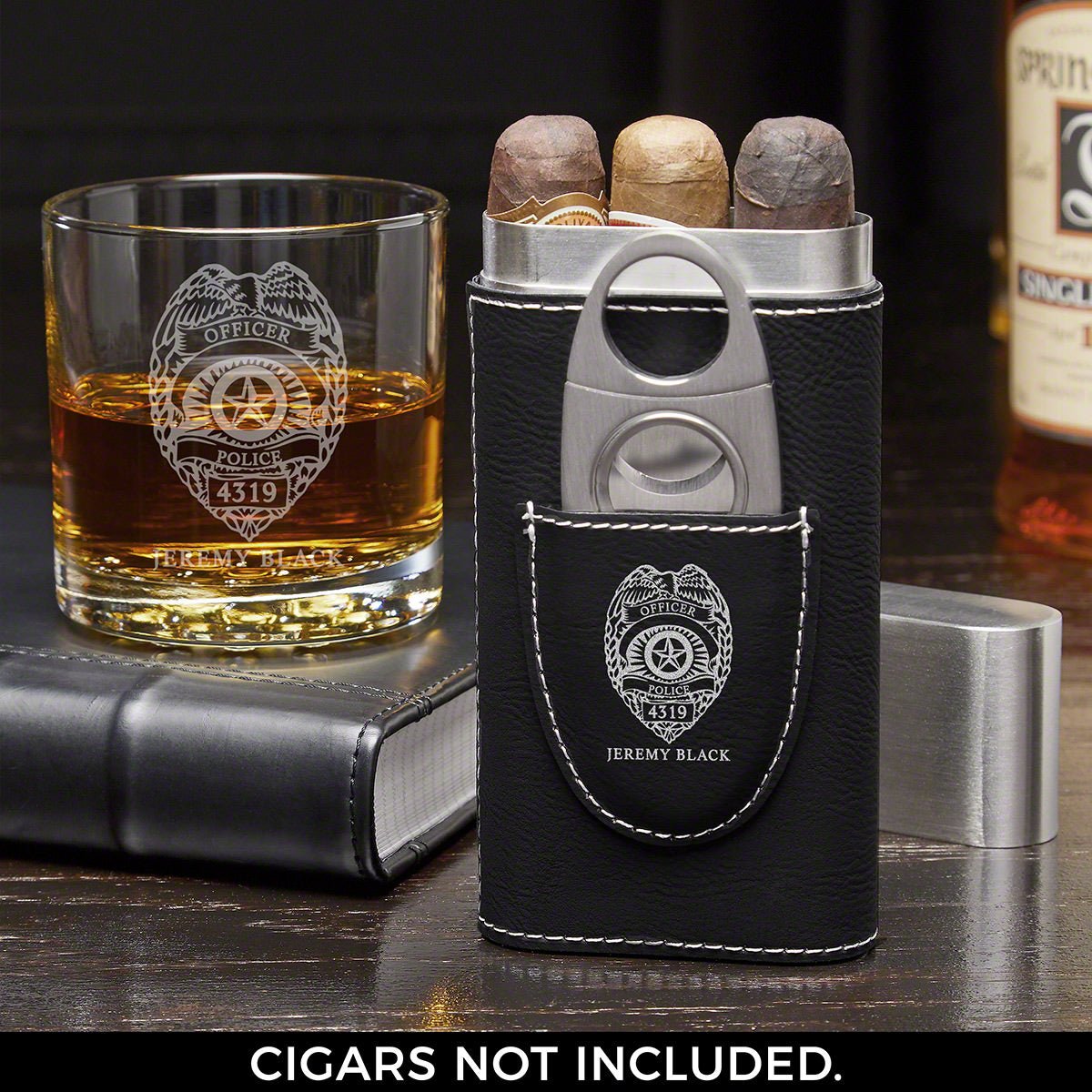 Police Badge Custom Cigar Case and Buckman Glass - Gift for Cops