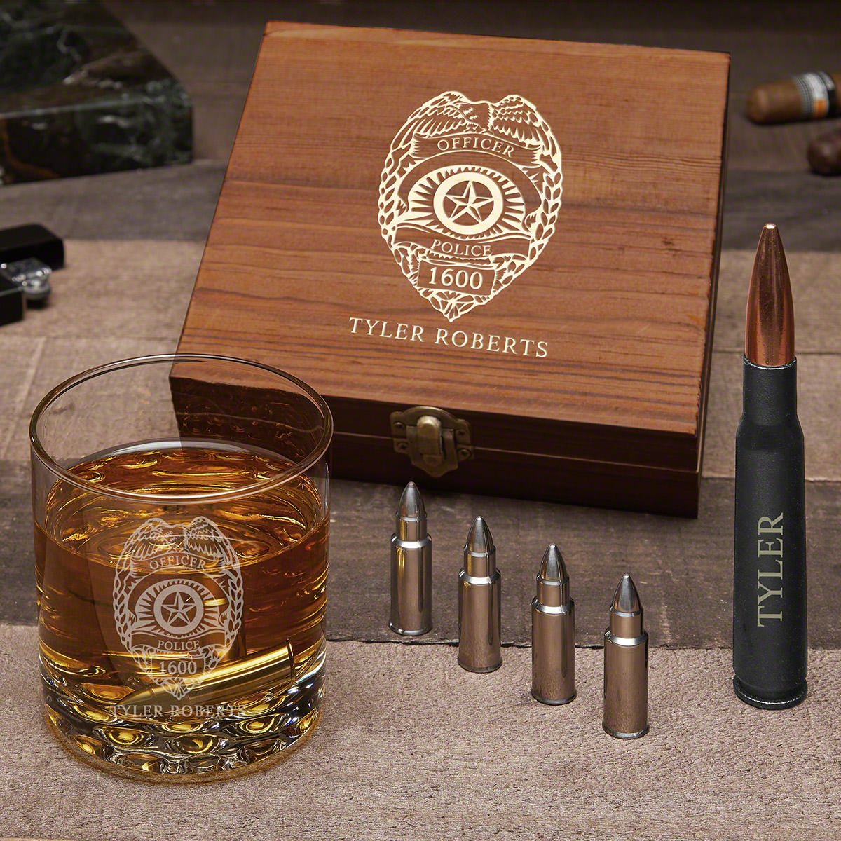 Police Badge Personalized Gun - Themed Whiskey Gift for Cops with Buckman Glass