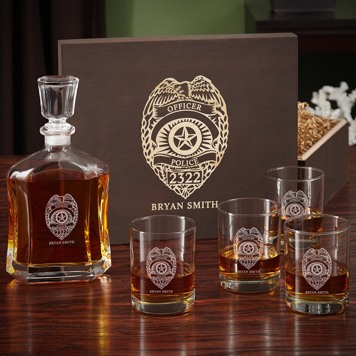 Personalized Whiskey Glass Set with Wood Box