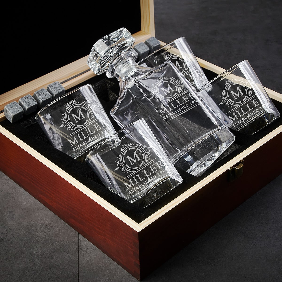 Prescott Whiskey Gift Set 7pc - Custom Decanter Set with Handcrafted Box