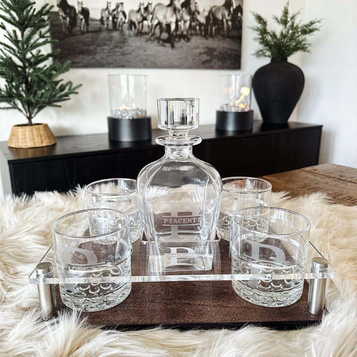 Presentation Set with Engraved Whiskey Glasses & Decanter Set - 6pc Walnut Bar Serving Tray & Display Set